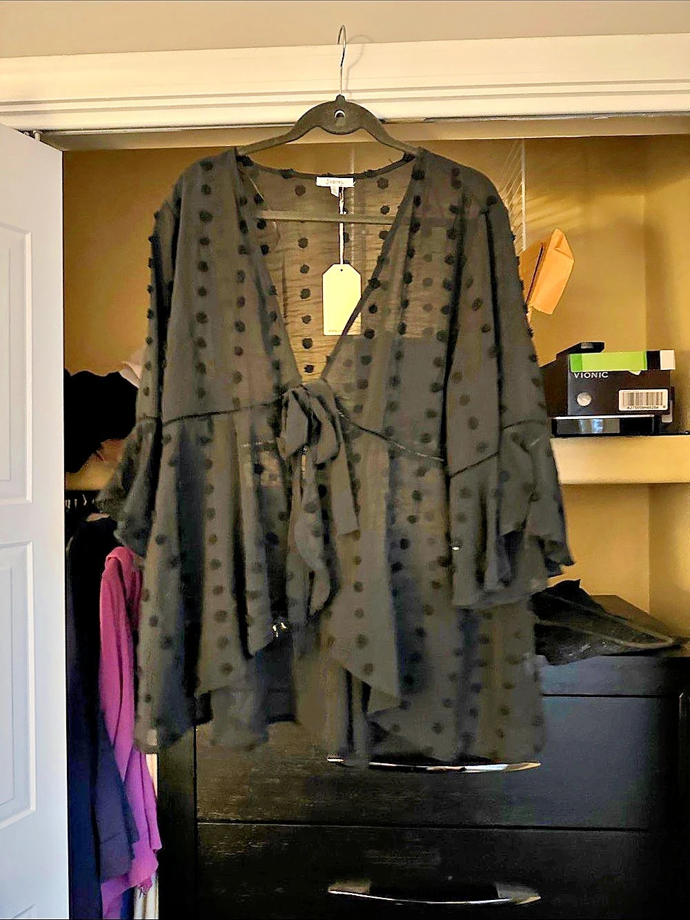 Jodi Ftl Polka Dot Tie-Front Blouse in Black Size Medium NWT